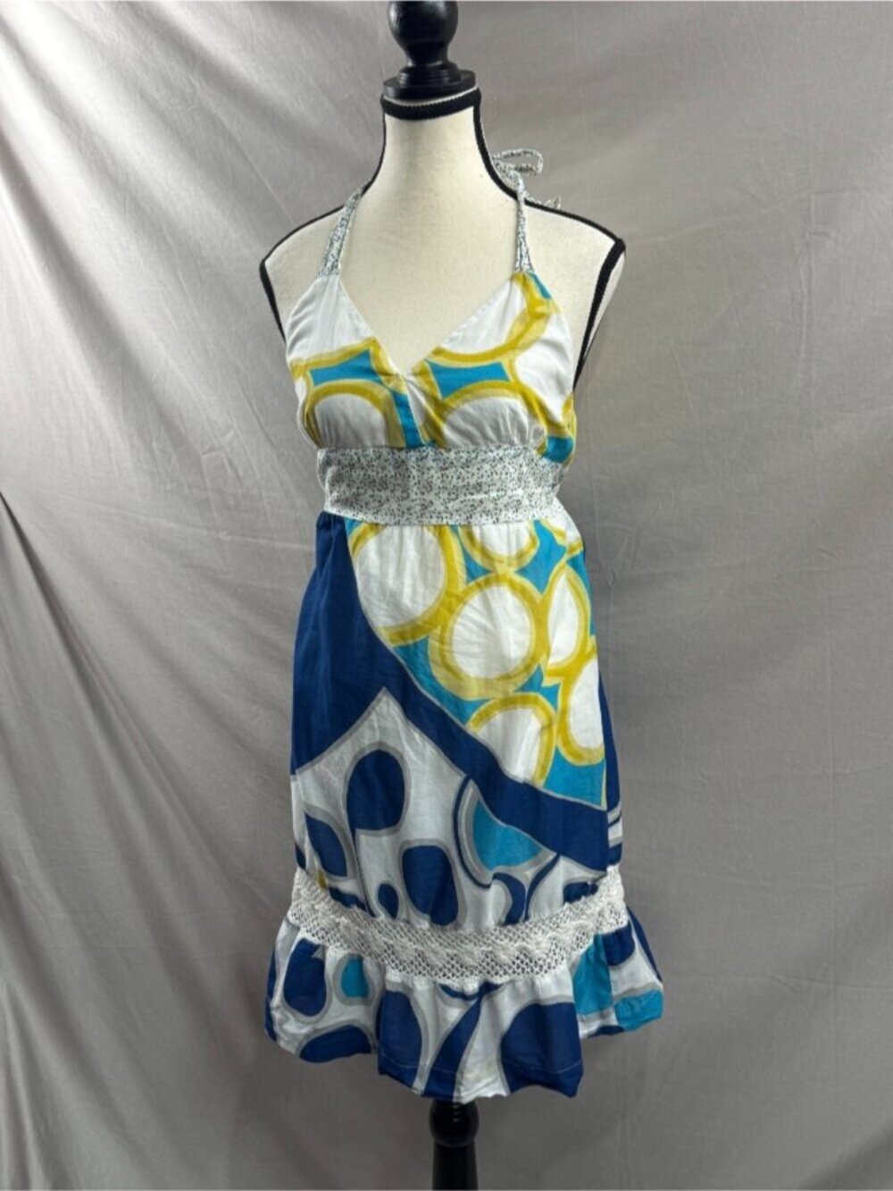 ROXY Geometric Abstract Halter Dress Crochet Lace Trim Ruffle Blue Yellow - Picture 4 of 8